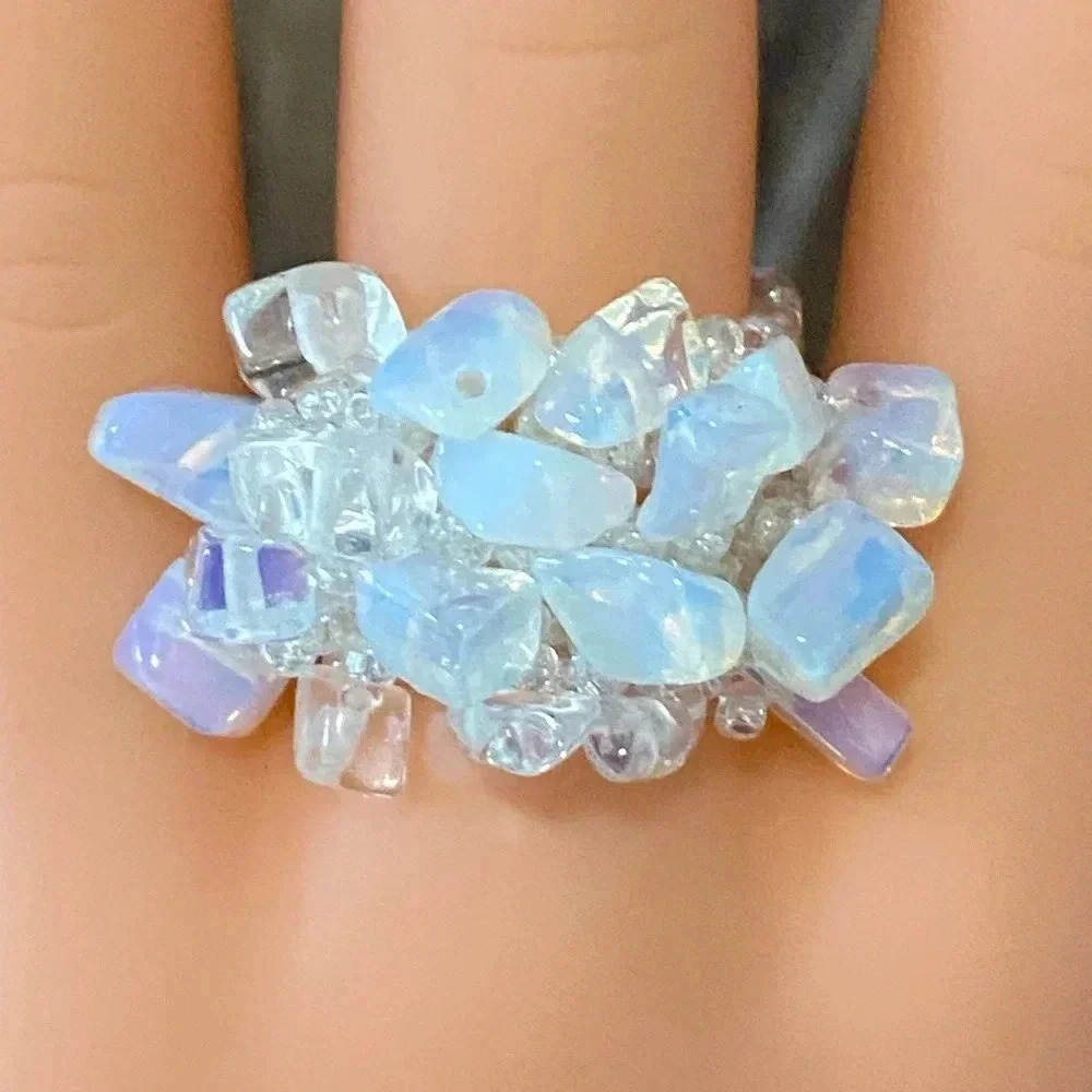 Milky Opalite Handmade Seed Bead and Stone Chips Stretch Ring